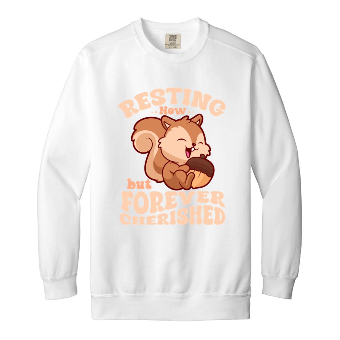 Resting Now but Forever Cherished Memorial Sweatshirt – Cute Squirrel Design, Bereavement Apparel, Remembrance Gift, Sympathy Hoodie for Comfort and Support