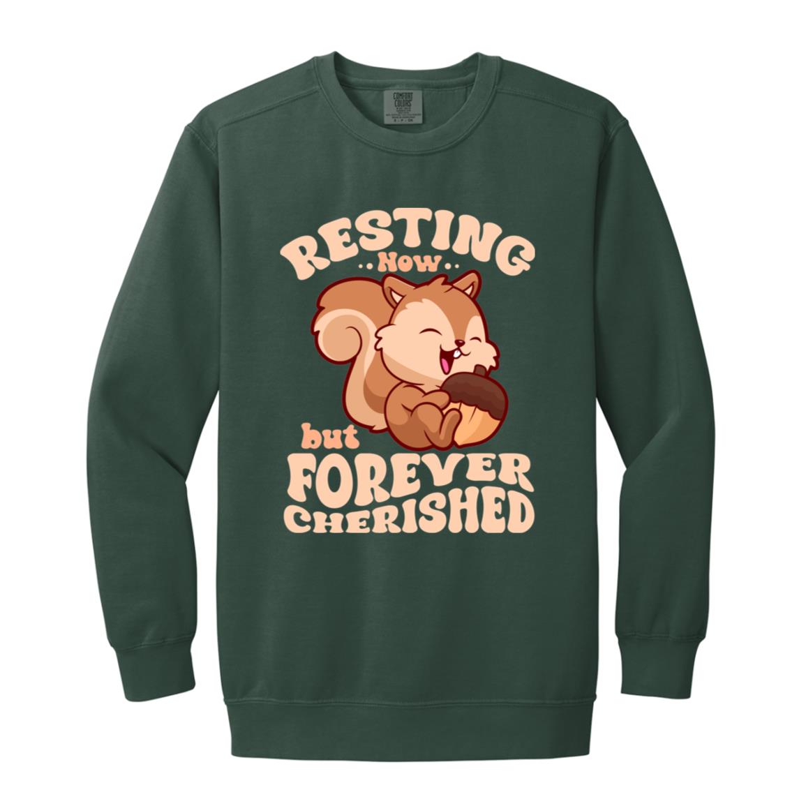 Resting Now but Forever Cherished Memorial Sweatshirt – Cute Squirrel Design, Bereavement Apparel, Remembrance Gift, Sympathy Hoodie for Comfort and Support