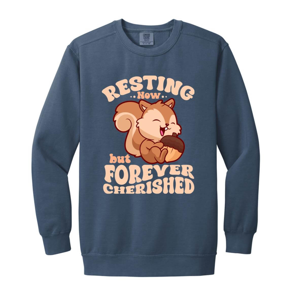 Resting Now but Forever Cherished Memorial Sweatshirt – Cute Squirrel Design, Bereavement Apparel, Remembrance Gift, Sympathy Hoodie for Comfort and Support