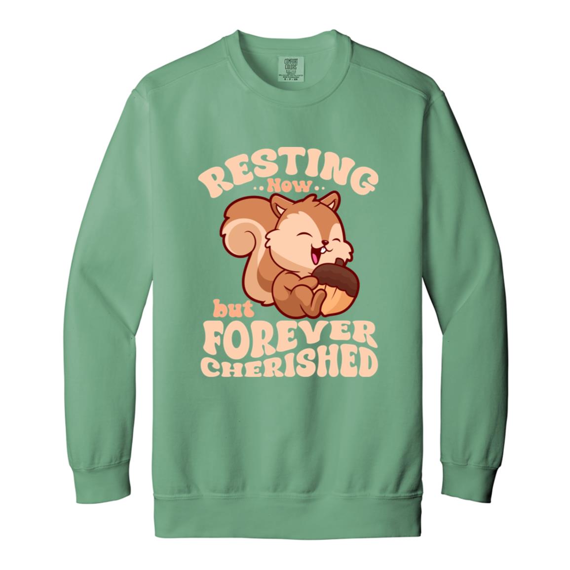 Resting Now but Forever Cherished Memorial Sweatshirt – Cute Squirrel Design, Bereavement Apparel, Remembrance Gift, Sympathy Hoodie for Comfort and Support