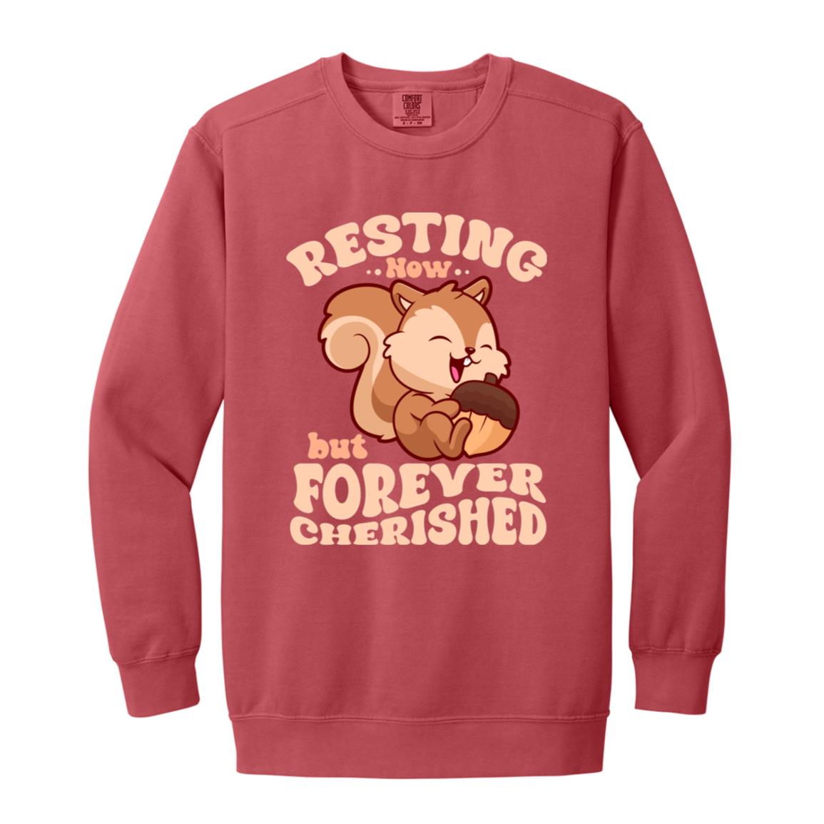 Resting Now but Forever Cherished Memorial Sweatshirt – Cute Squirrel Design, Bereavement Apparel, Remembrance Gift, Sympathy Hoodie for Comfort and Support