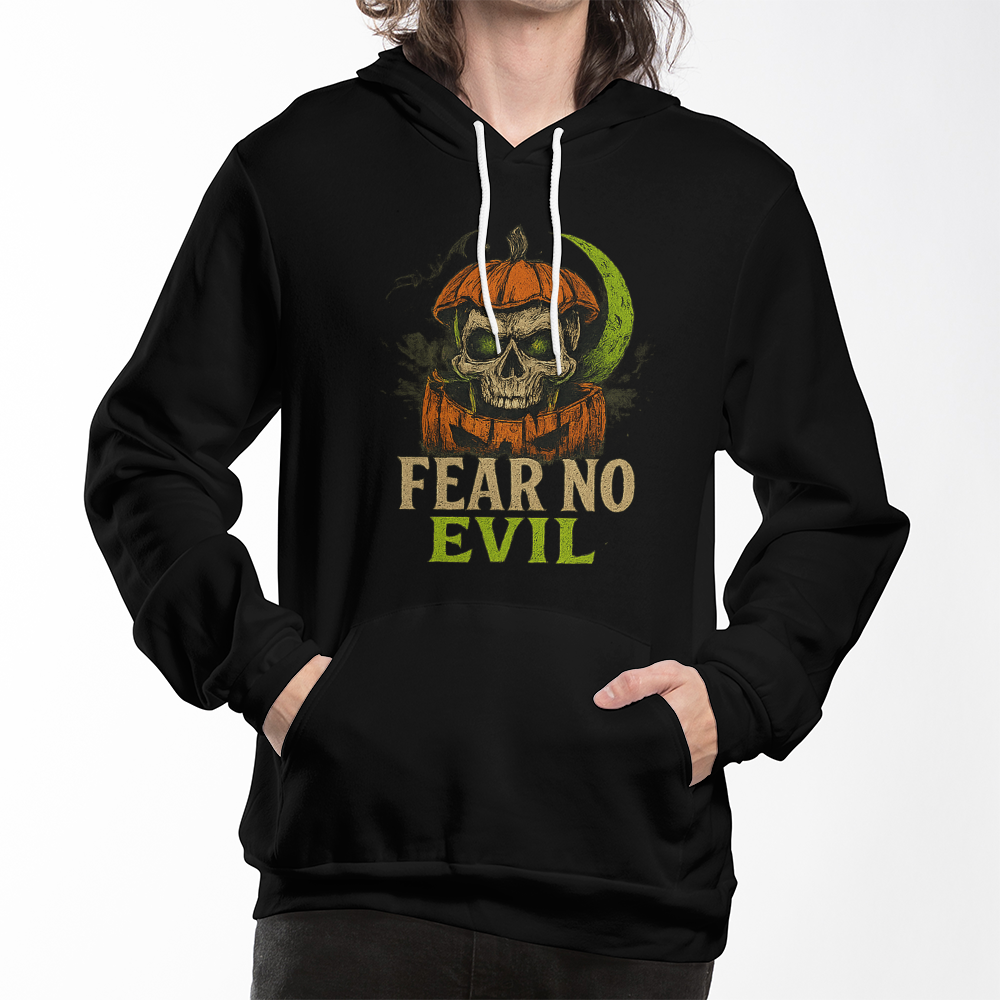 Fear No Evil Halloween Hoodie | Scary Skull Pumpkin Hoodie | Spooky Streetwear Unisex Pullover