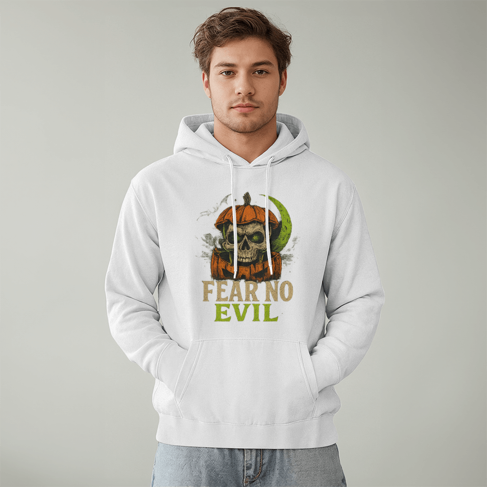 Fear No Evil Halloween Hoodie | Scary Skull Pumpkin Hoodie | Spooky Streetwear Unisex Pullover