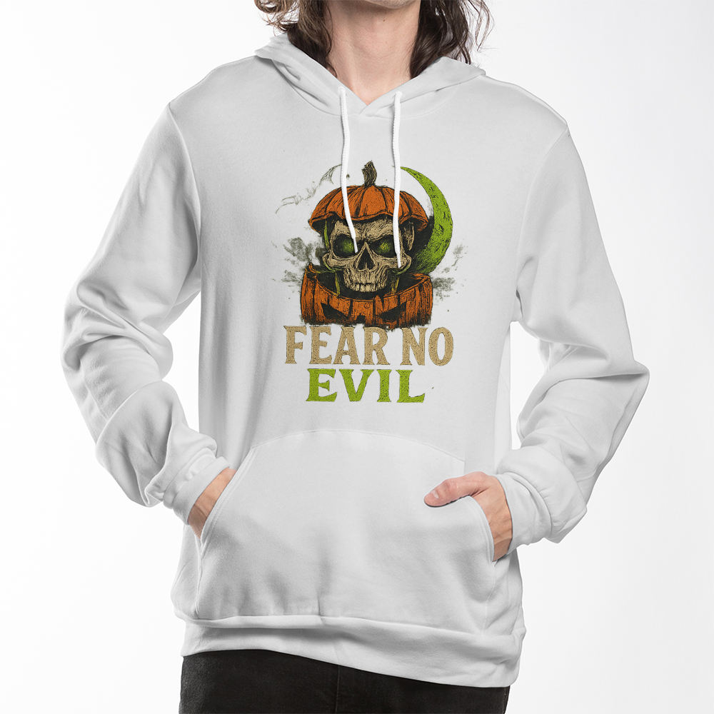 Fear No Evil Halloween Hoodie | Scary Skull Pumpkin Hoodie | Spooky Streetwear Unisex Pullover