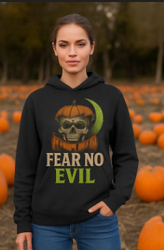 Fear No Evil Halloween Hoodie | Scary Skull Pumpkin Hoodie | Spooky Streetwear Unisex Pullover