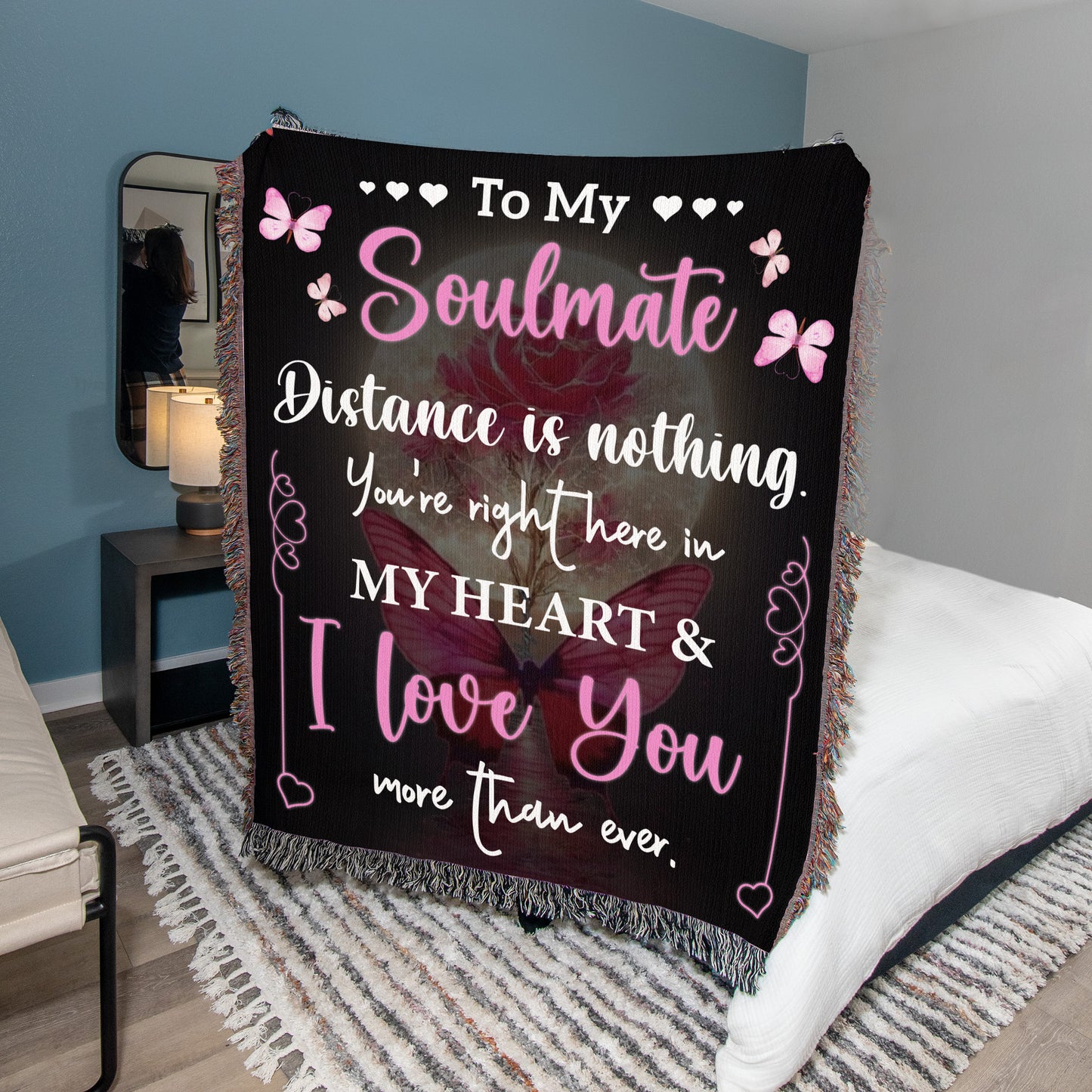 To My Soulmate Premium Black Sherpa Blanket | Distance Is Nothing, You're Right here In My Heart |50x60